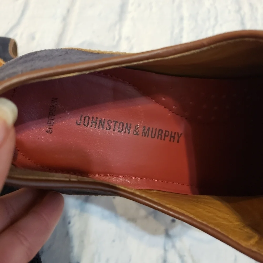 Johnston & Murphy Blue and Tan Oxfords with Red Laces
